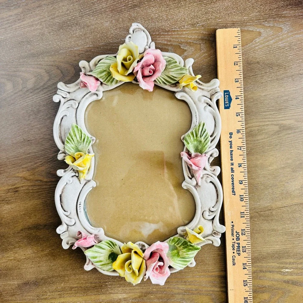 Vintage Italian Capodimonte Ceramic Rose‎ Photo Frame Ornate White Made in Italy